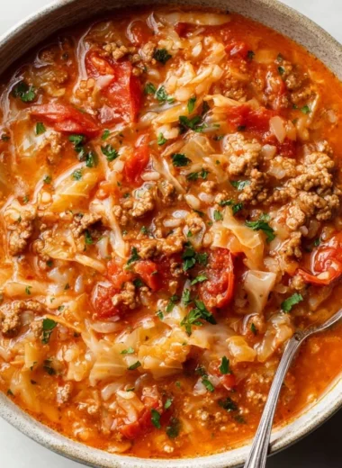 Bowl of delicious cabbage roll soup with meat and fresh vegetables