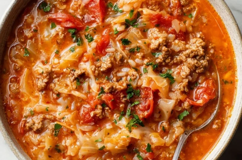 Bowl of delicious cabbage roll soup with meat and fresh vegetables