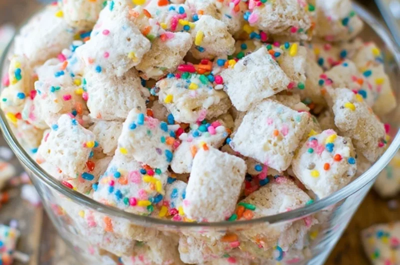 Delicious Cake Batter Puppy Chow dessert in a bowl.