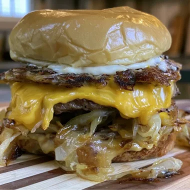 Delicious caramelized burger topped with fresh ingredients and melted cheese