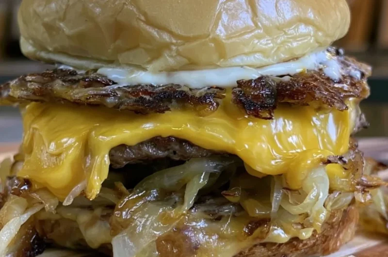 Delicious caramelized burger topped with fresh ingredients and melted cheese