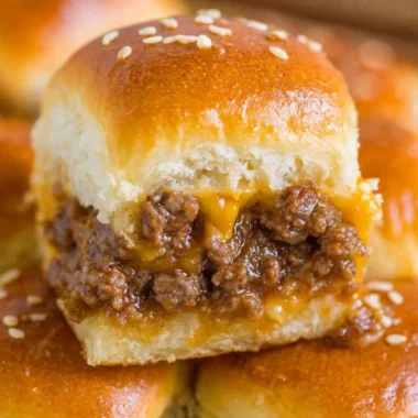 Plate of mouth-watering cheeseburger sliders garnished with fresh greens