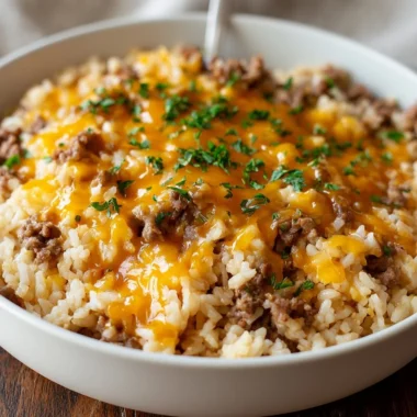 Cheesy ground beef and rice casserole in a baking dish