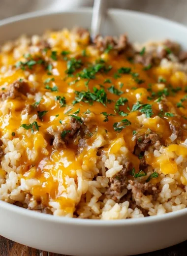 Cheesy ground beef and rice casserole in a baking dish