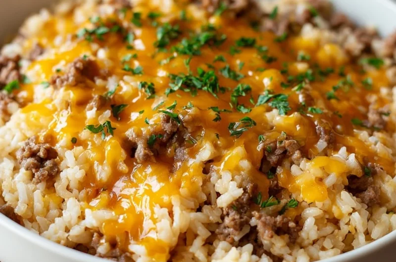 Cheesy ground beef and rice casserole in a baking dish