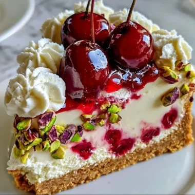 Delicious slice of Cherry Pistachio Cheesecake topped with fresh cherries and pistachios.