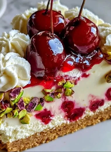 Delicious slice of Cherry Pistachio Cheesecake topped with fresh cherries and pistachios.