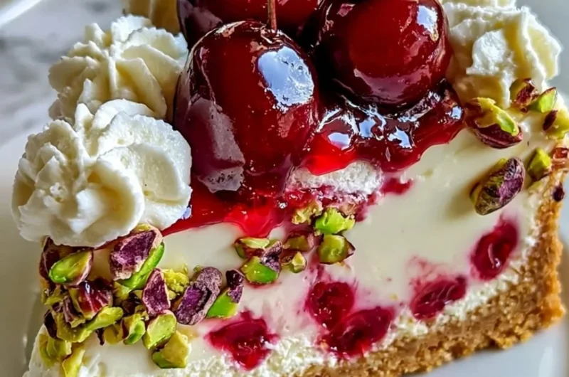 Delicious slice of Cherry Pistachio Cheesecake topped with fresh cherries and pistachios.
