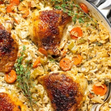 Delicious Chicken Rice Casserole topped with cheese and herbs