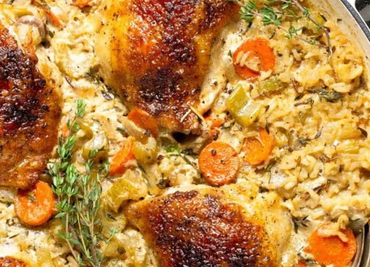 Delicious Chicken Rice Casserole topped with cheese and herbs