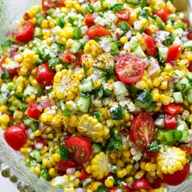 Colorful bowl of fresh corn salad with vegetables and dressing