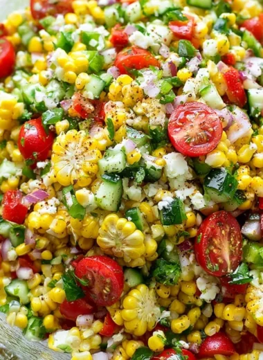 Colorful bowl of fresh corn salad with vegetables and dressing