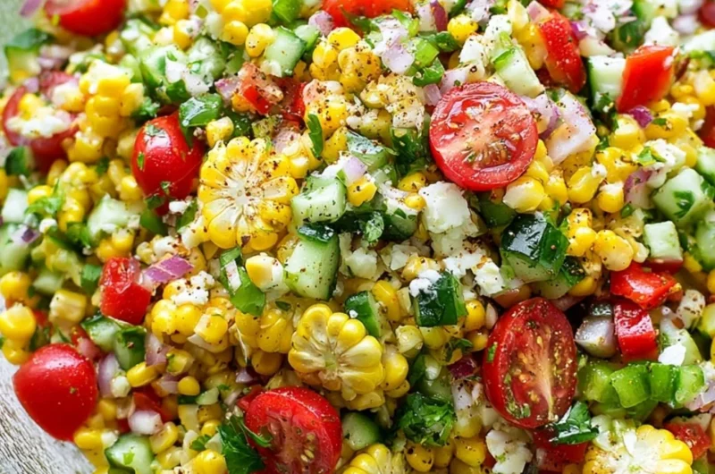 Colorful bowl of fresh corn salad with vegetables and dressing