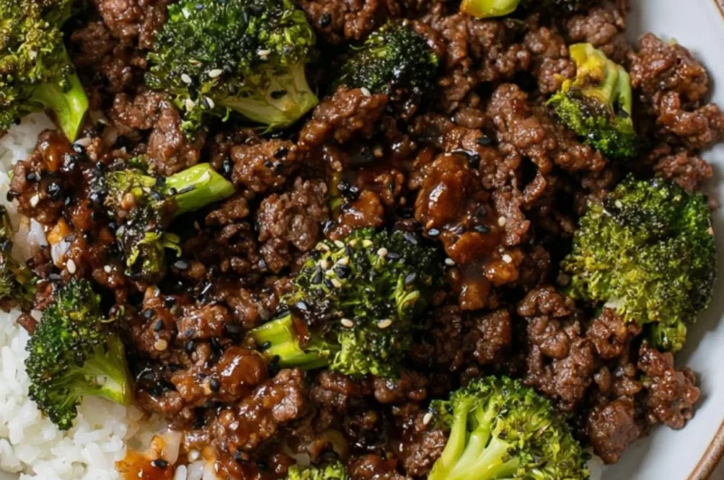 Cozy ground beef and broccoli dish served in a bowl with a side of rice