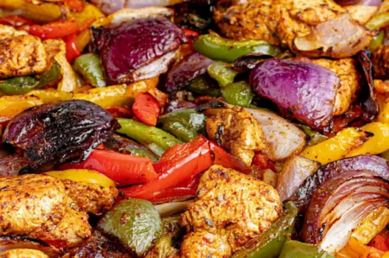 A delicious serving of cozy sheet pan chicken fajitas with colorful peppers.