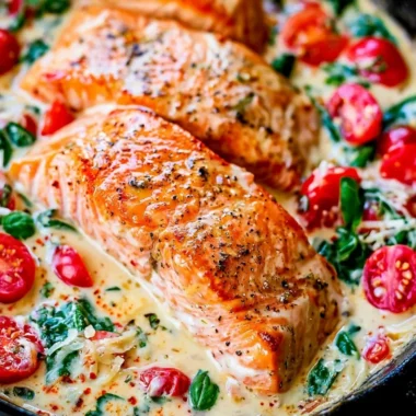 Creamy Tuscan Salmon served with herbs and sauce
