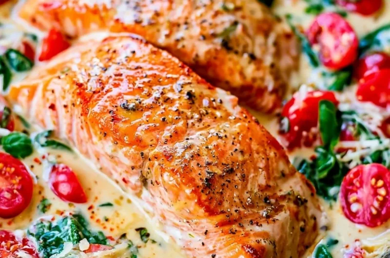 Creamy Tuscan Salmon served with herbs and sauce