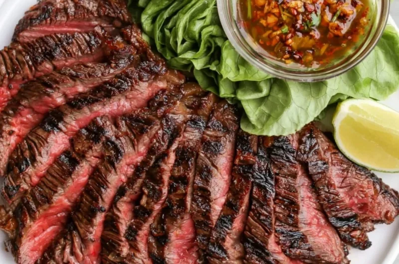 Plate of Crying Tiger Beef garnished with herbs and served with dipping sauce