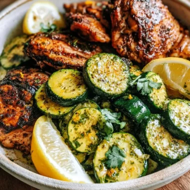 Easy Asado chicken served with lemon zucchini sauté on a white plate.