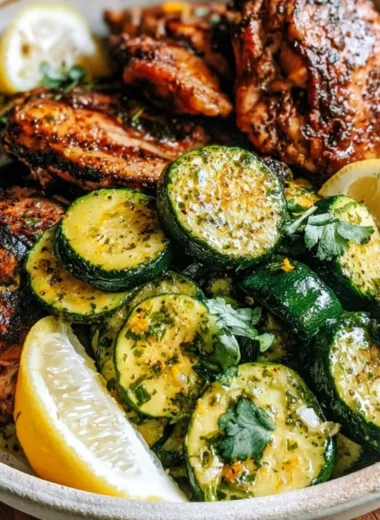 Easy Asado chicken served with lemon zucchini sauté on a white plate.