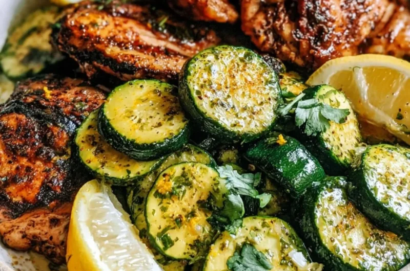 Easy Asado chicken served with lemon zucchini sauté on a white plate.