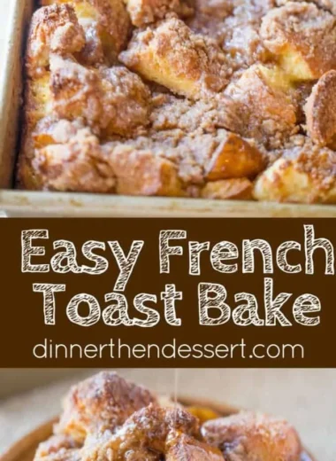 Delicious easy French toast bake served with syrup and berries