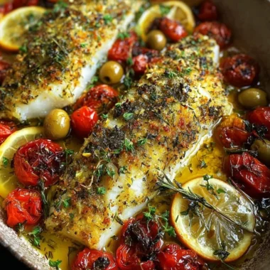 Delicious Mediterranean baked fish with herbs and spices served on a plate