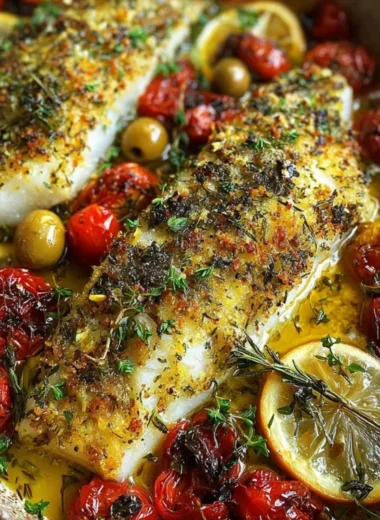 Delicious Mediterranean baked fish with herbs and spices served on a plate