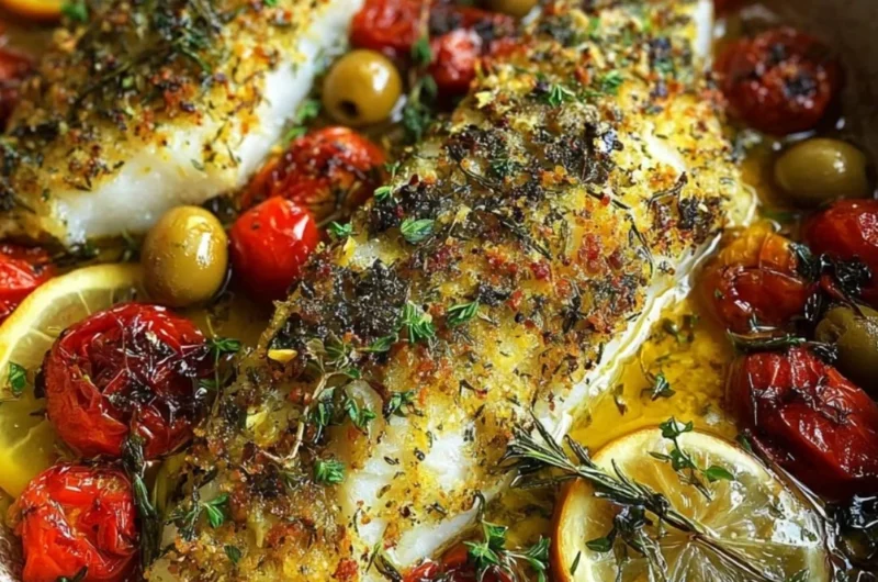 Delicious Mediterranean baked fish with herbs and spices served on a plate