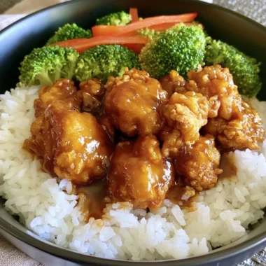 Delicious easy orange chicken served with rice and vegetables