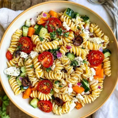 Colorful easy pasta salad with vegetables and dressing served in a bowl