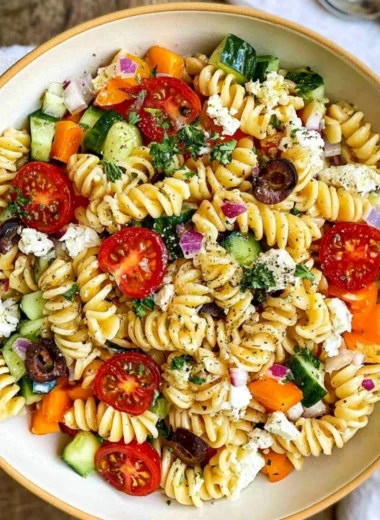Colorful easy pasta salad with vegetables and dressing served in a bowl