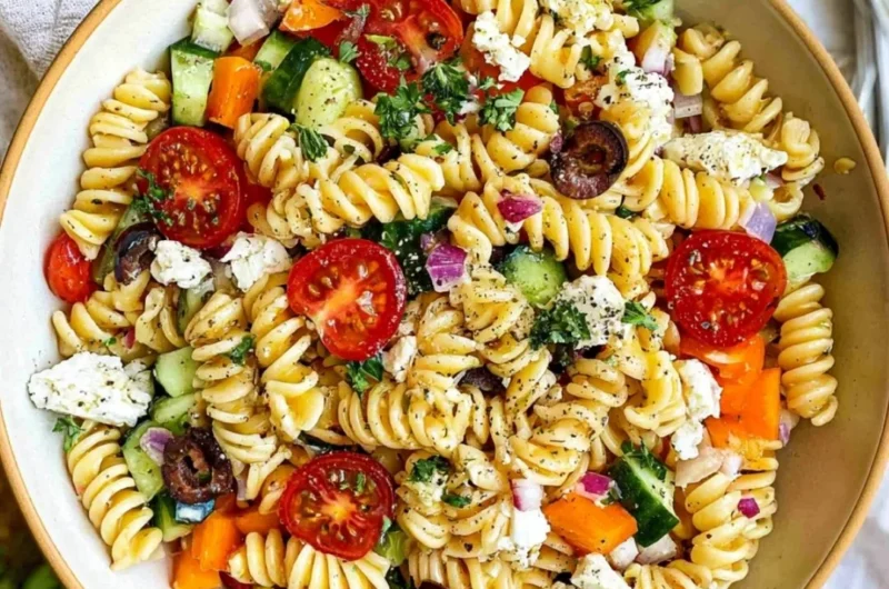 Colorful easy pasta salad with vegetables and dressing served in a bowl