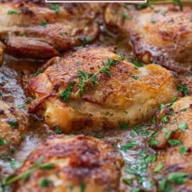Delicious French Mustard Chicken served with herbs and garnishments