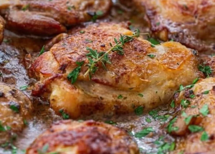Delicious French Mustard Chicken served with herbs and garnishments