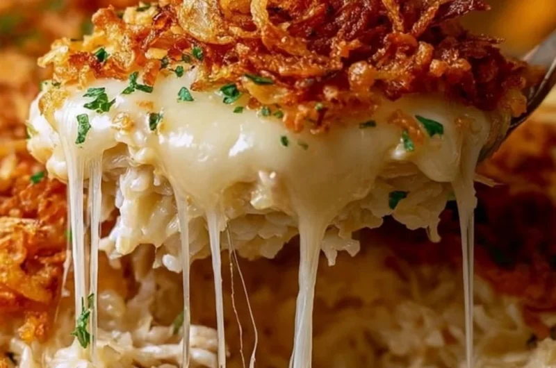 Delicious French onion chicken rice served on a plate with herbs