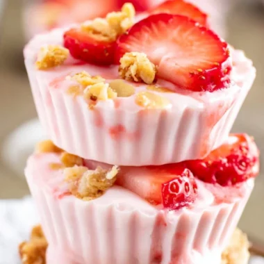 Frozen strawberry yogurt bites served on a plate, a healthy and tasty snack