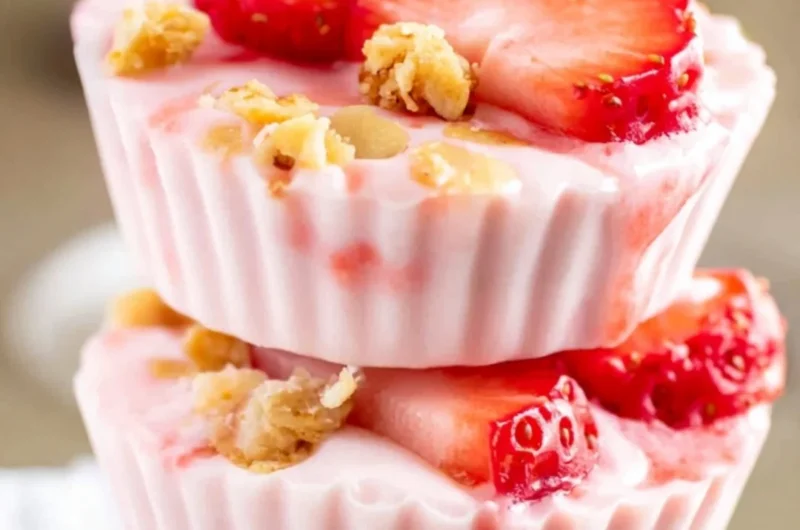 Frozen strawberry yogurt bites served on a plate, a healthy and tasty snack