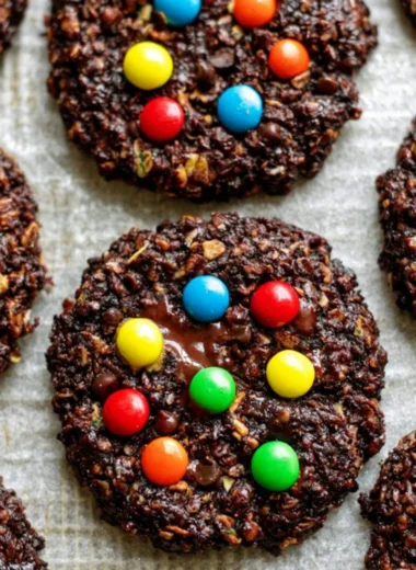 Healthy flourless chocolate monster cookies stacked on a plate