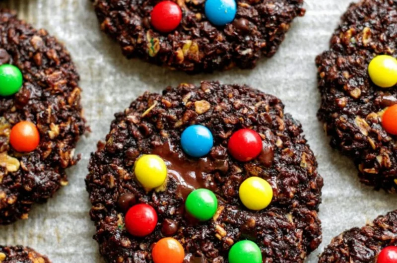 Healthy flourless chocolate monster cookies stacked on a plate
