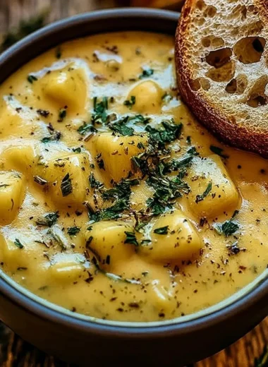 Bowl of hearty potato soup garnished with fresh herbs and pepper