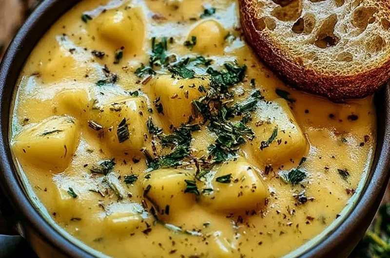 Bowl of hearty potato soup garnished with fresh herbs and pepper