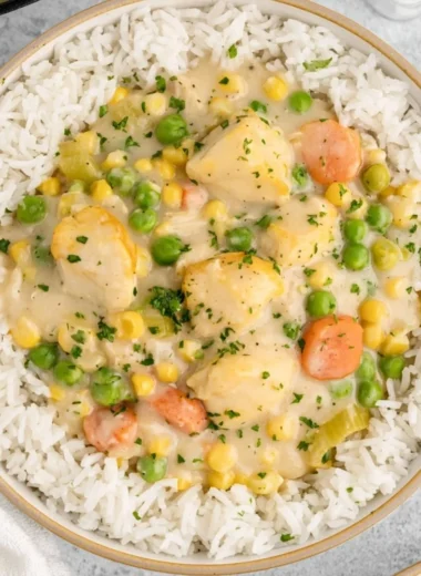 High protein crustless chicken pot pie topped with fresh herbs and vegetables