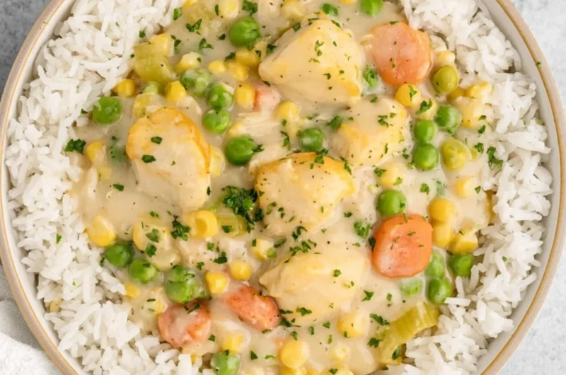 High protein crustless chicken pot pie topped with fresh herbs and vegetables