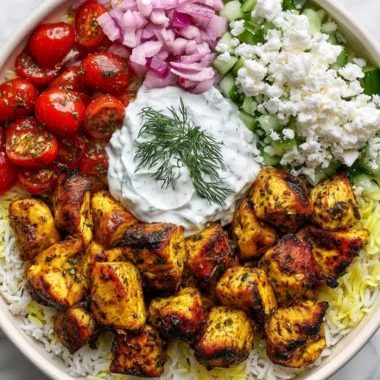 High protein Mediterranean lemon-dill chicken bowls with fresh vegetables