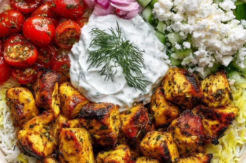 High protein Mediterranean lemon-dill chicken bowls with fresh vegetables