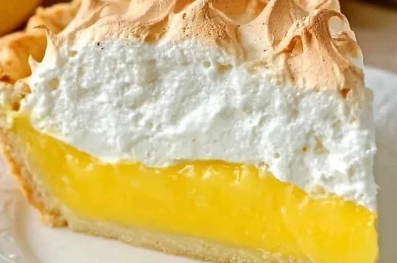Homemade lemon meringue pie with golden meringue topping and lemon filling