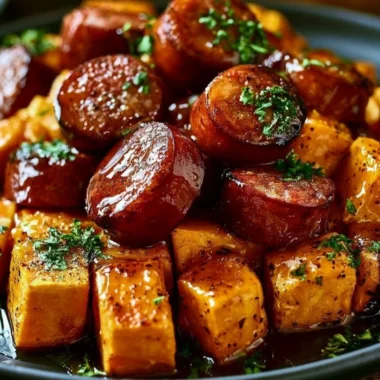 Honey garlic sausage served with roasted sweet potatoes on a plate.
