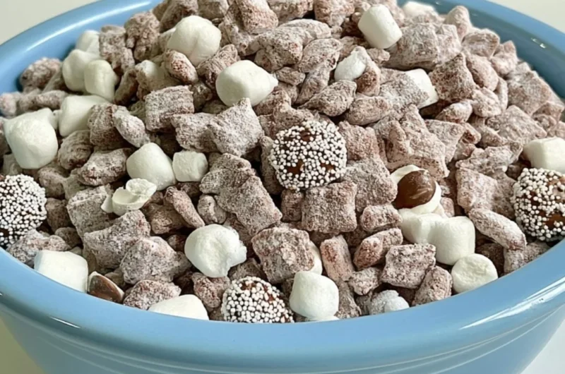 Bowl of Hot Chocolate Puppy Chow with chocolate drizzles and marshmallows