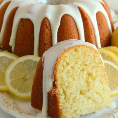 Slice of Italian lemon pound cake on a white plate with a lemon garnish.